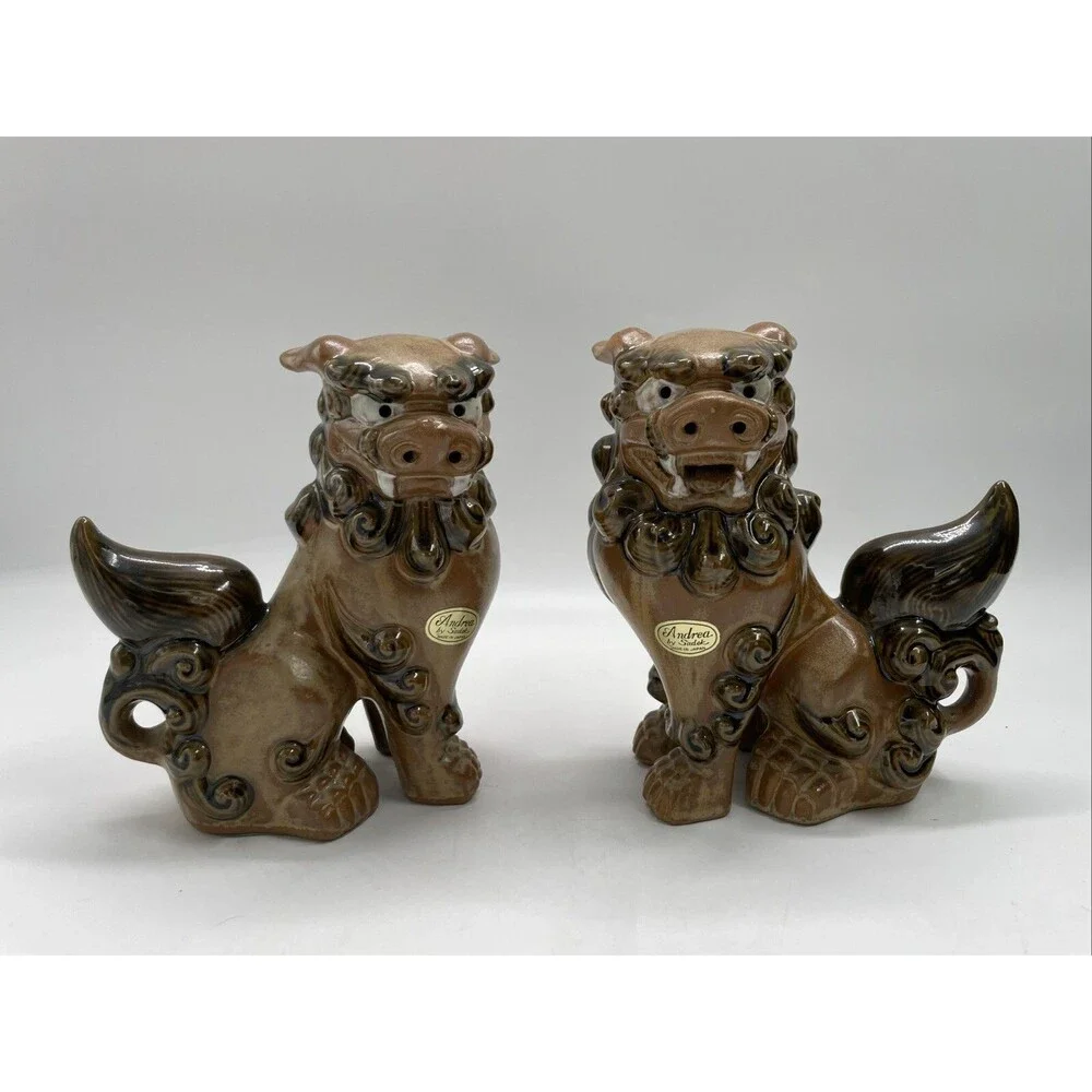 Pair 2 Andrea Sadek Brown Ceramic Asian Foo Dog Lion Figure Dragon Statue Japan